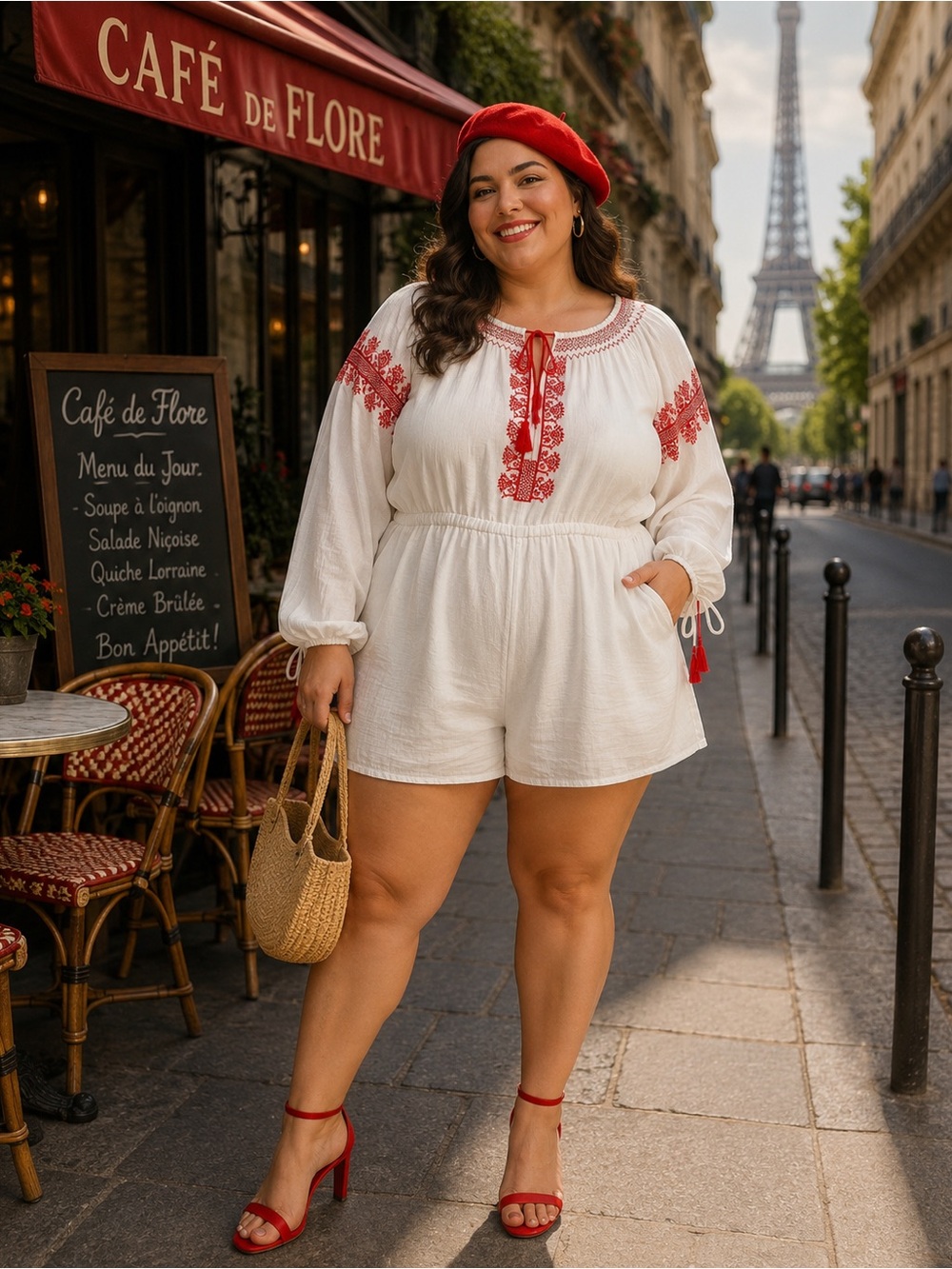 Ladies J Crew White Romper with Red Embroidery - Boho Peasant Style